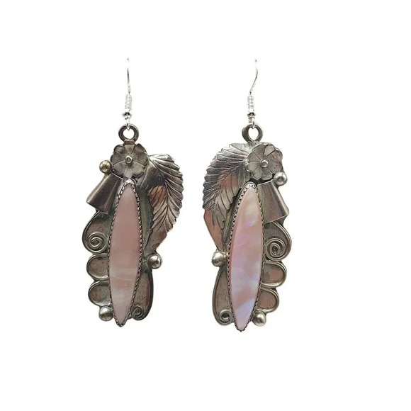 Randy Hoskie Navajo Sterling Silver Pink Mother Of Pearl Dangling Earrings - Picture 1 of 7